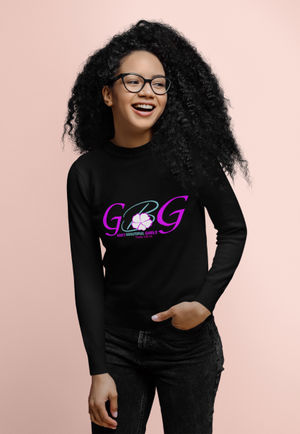 Teen Girl Wearing a Black long sleeve tee with the letters "GBG' in purple and turquoise on the front. The words "God's Beautiful Girls" are written underneath