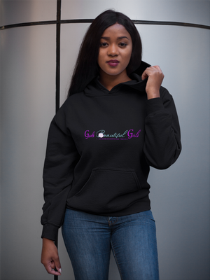 Woman wearing Black pull over God's Beautiful Girls hoodie with purple and turquoise letters.
